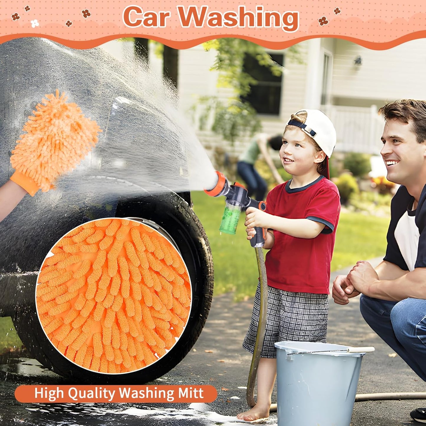Upgrade Dog Washing Hose Attachment, 8 Way Spray Pattern Garden Hose Nozzle with Soap Dispenser, Dog Wash Supplies with 2 type Dog Bath Brush, Dog Comb and Toothbursh, Car Washing Mitt
